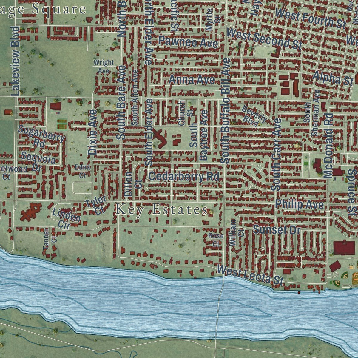 Close-up of the map of North Platte, Nebraska print showing street and building detail
