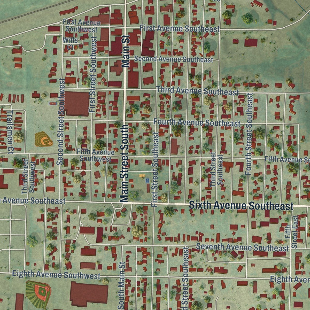 Close-up of the map of Stanley, North Dakota print showing street and building detail