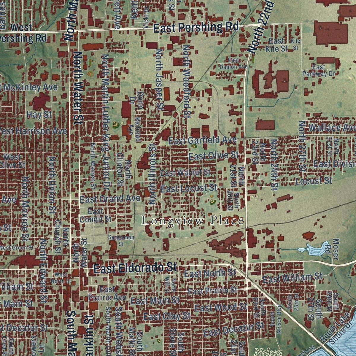Close-up of the map of Decatur, Illinois print showing street and building detail