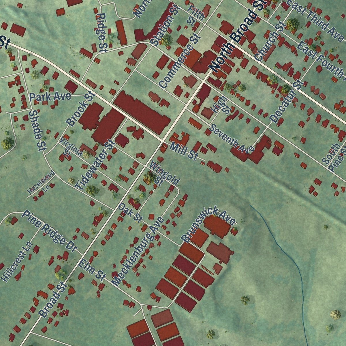 Close-up of the map of Kenbridge, Virginia print showing street and building detail