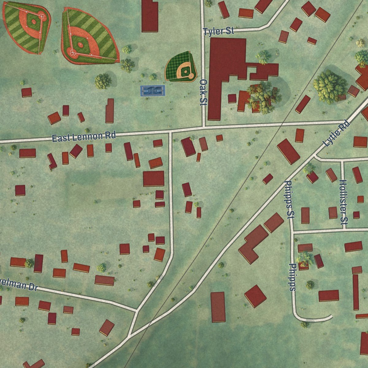 Close-up of the map of Lennon, Michigan print showing street and building detail