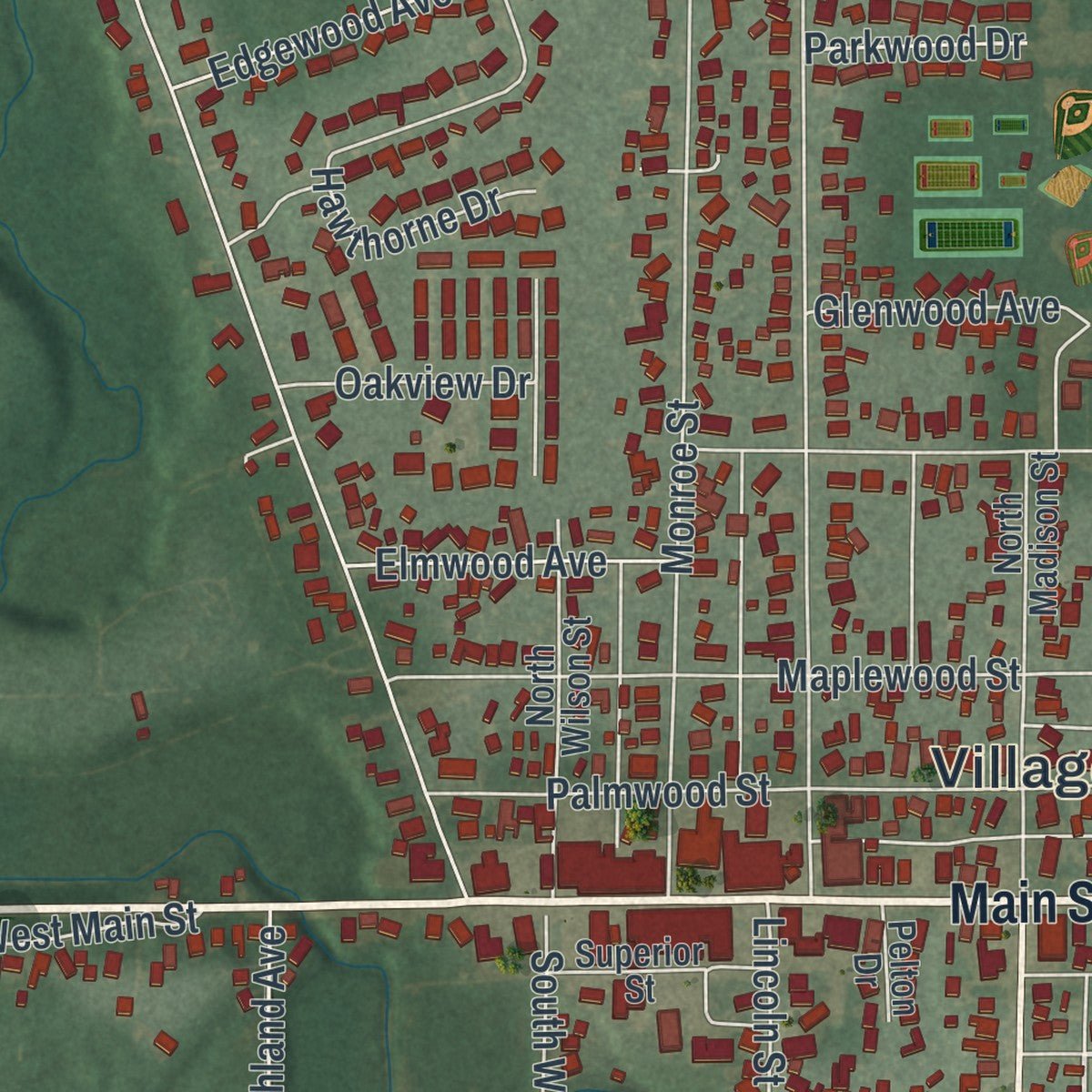 Close-up of the map of Delta, Ohio print showing street and building detail