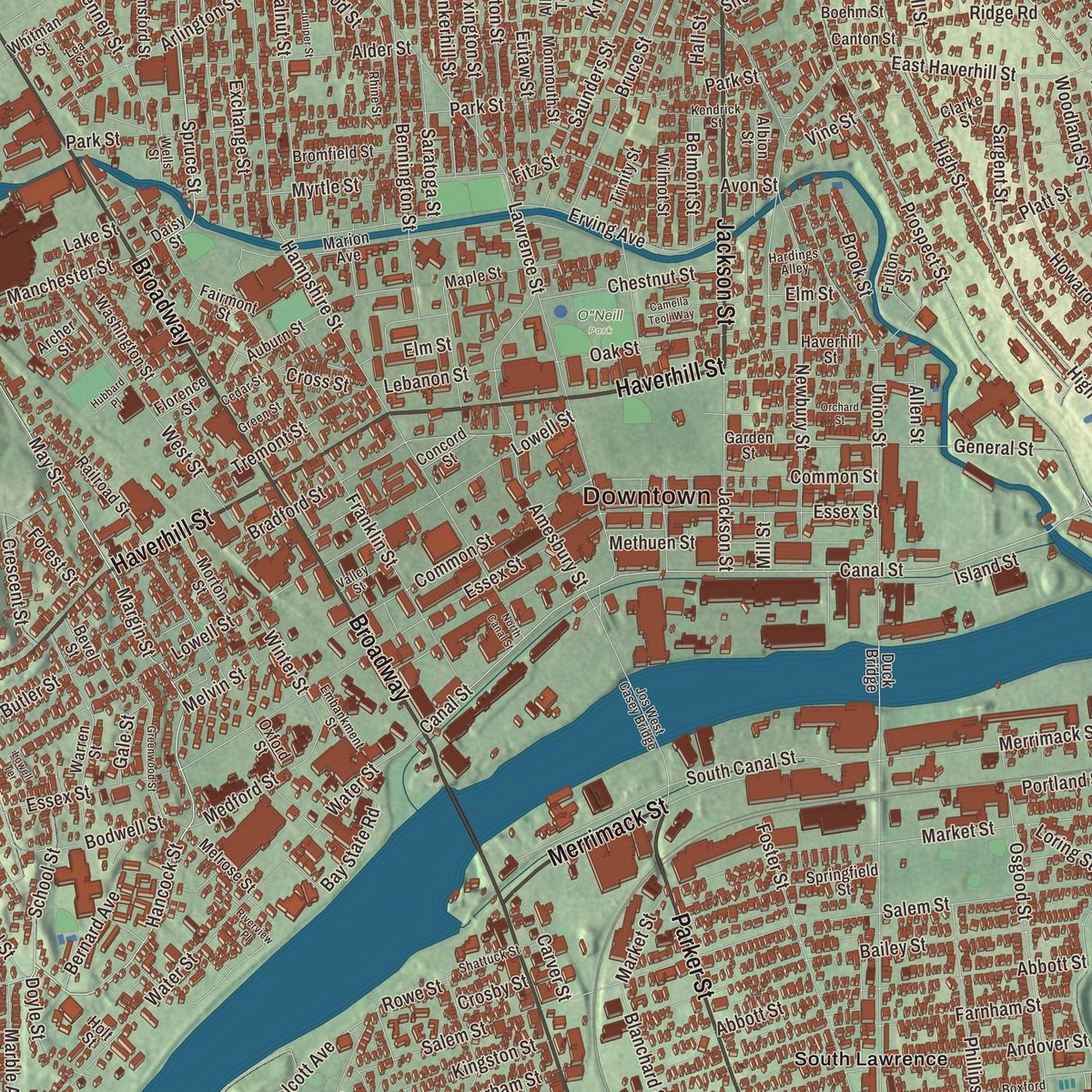Close-up of the map of Lawrence, Massachusetts print showing streets and neighborhoods