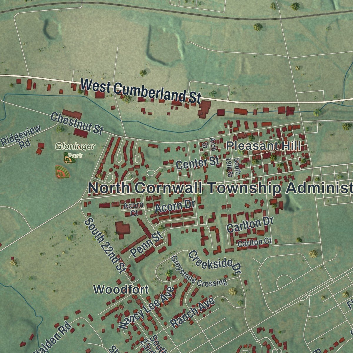 Close-up of the map of North Cornwall, Pennsylvania print showing street and building detail