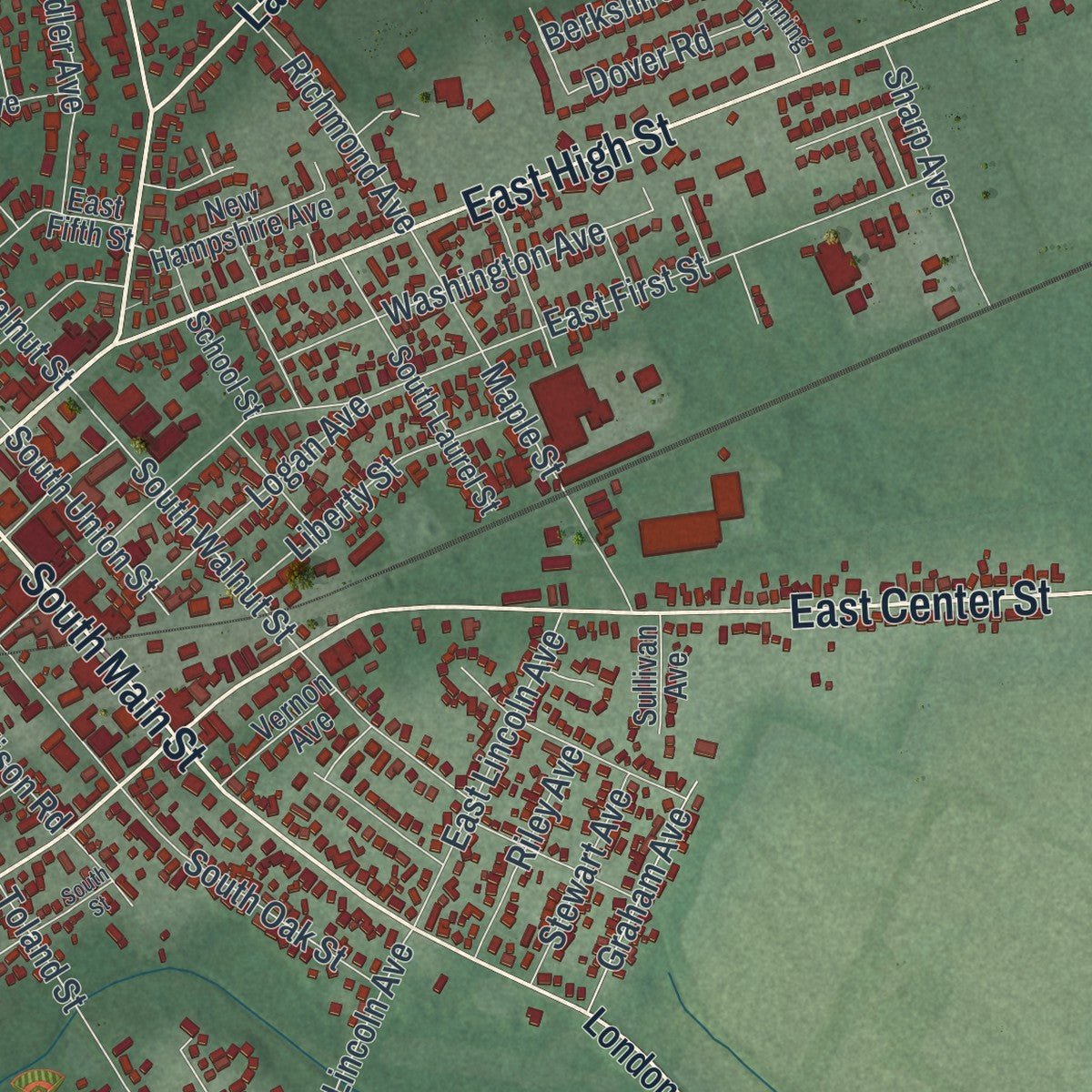 Close-up of the map of London, Ohio print showing street and building detail