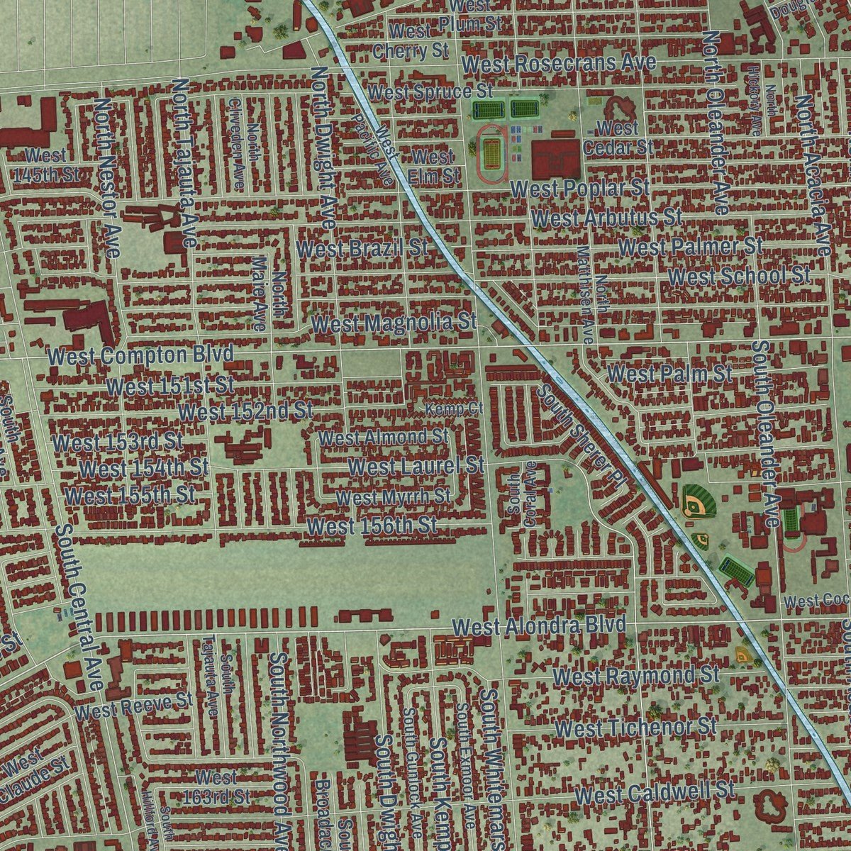 Close-up of the map of Compton, California print showing street and building detail