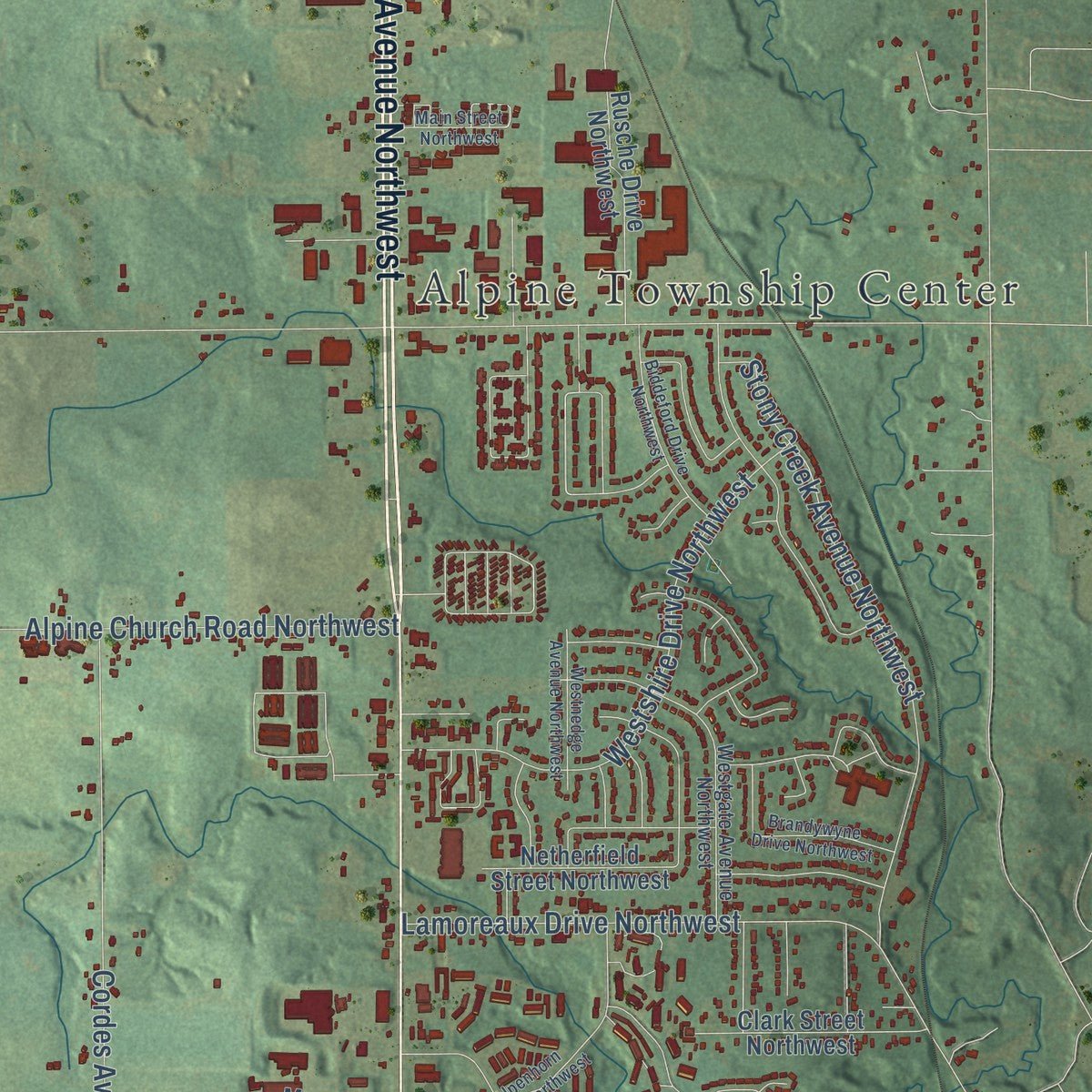 Close-up of the map of Alpine, Michigan print showing street and building detail