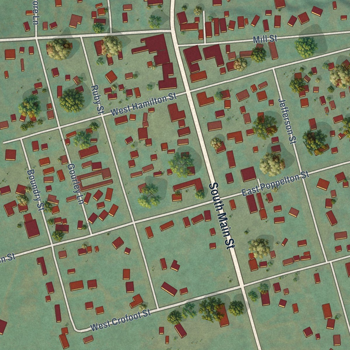 Close-up of the map of Sheridan, Montana print showing street and building detail