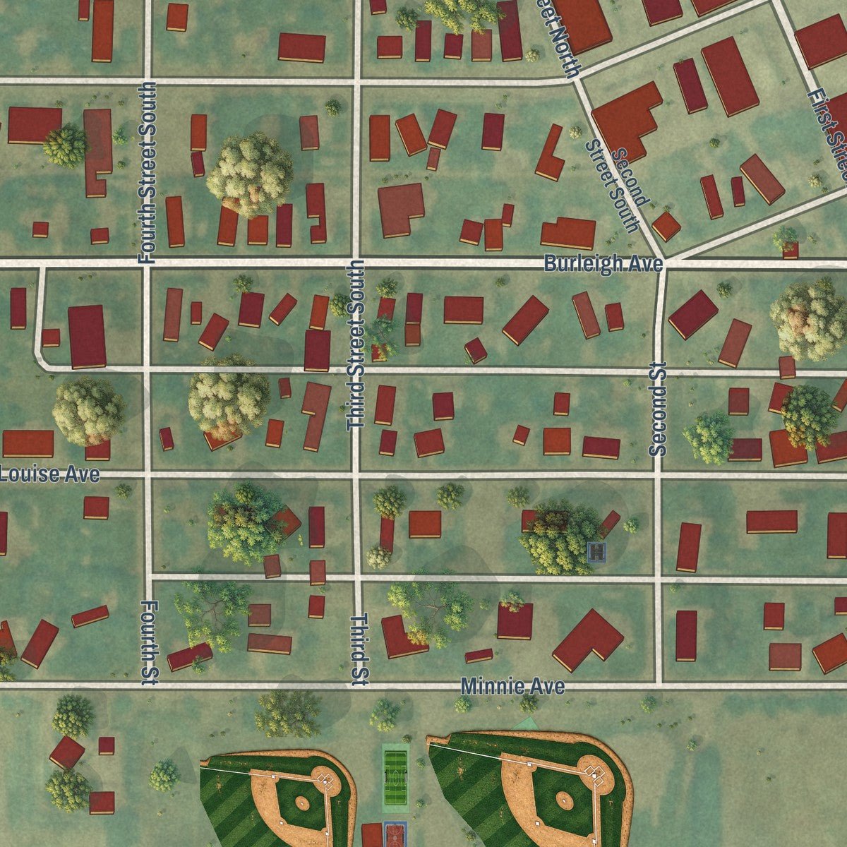 Close-up of the map of Wilton, North Dakota print showing street and building detail
