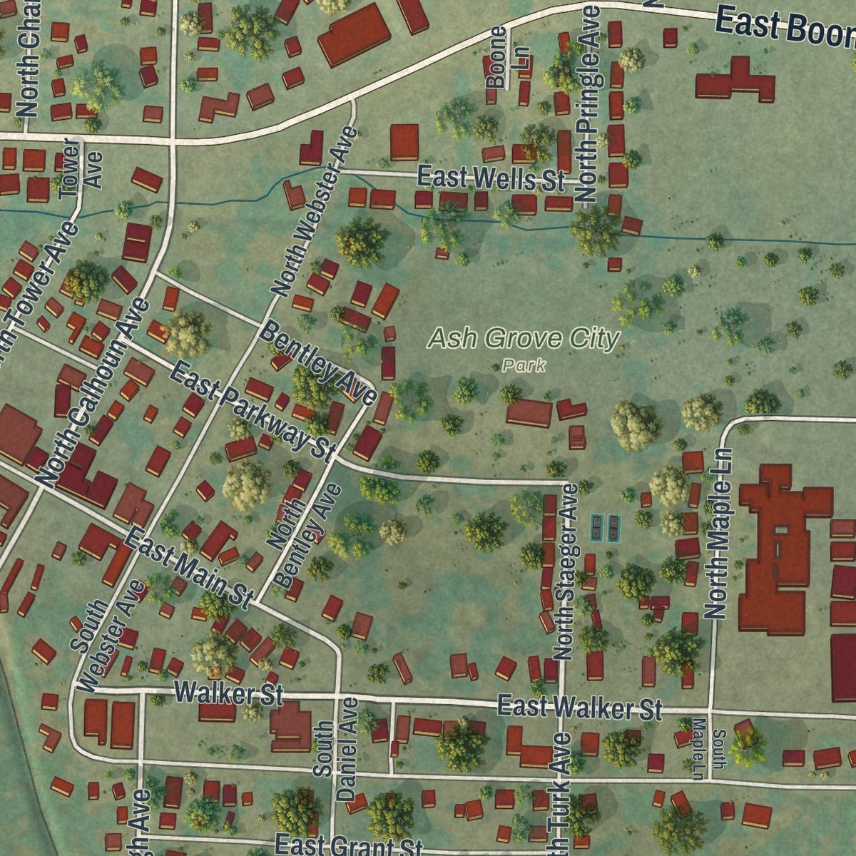 Close-up of the map of Ash Grove, Missouri print showing street and building detail