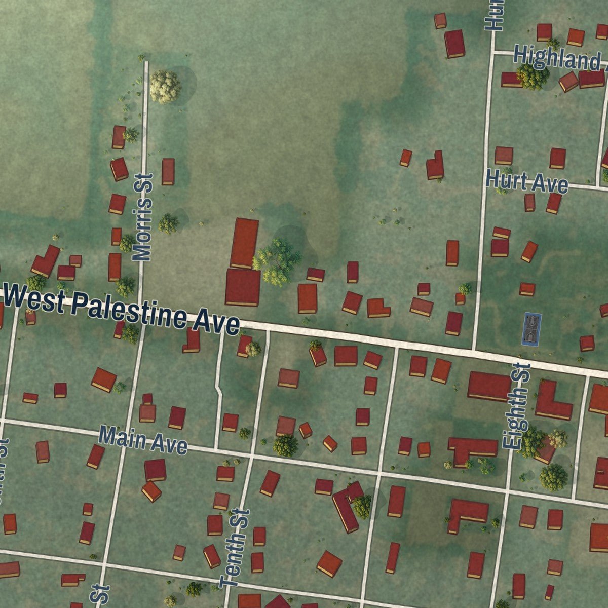 Close-up of the map of Obion, Tennessee print showing street and building detail