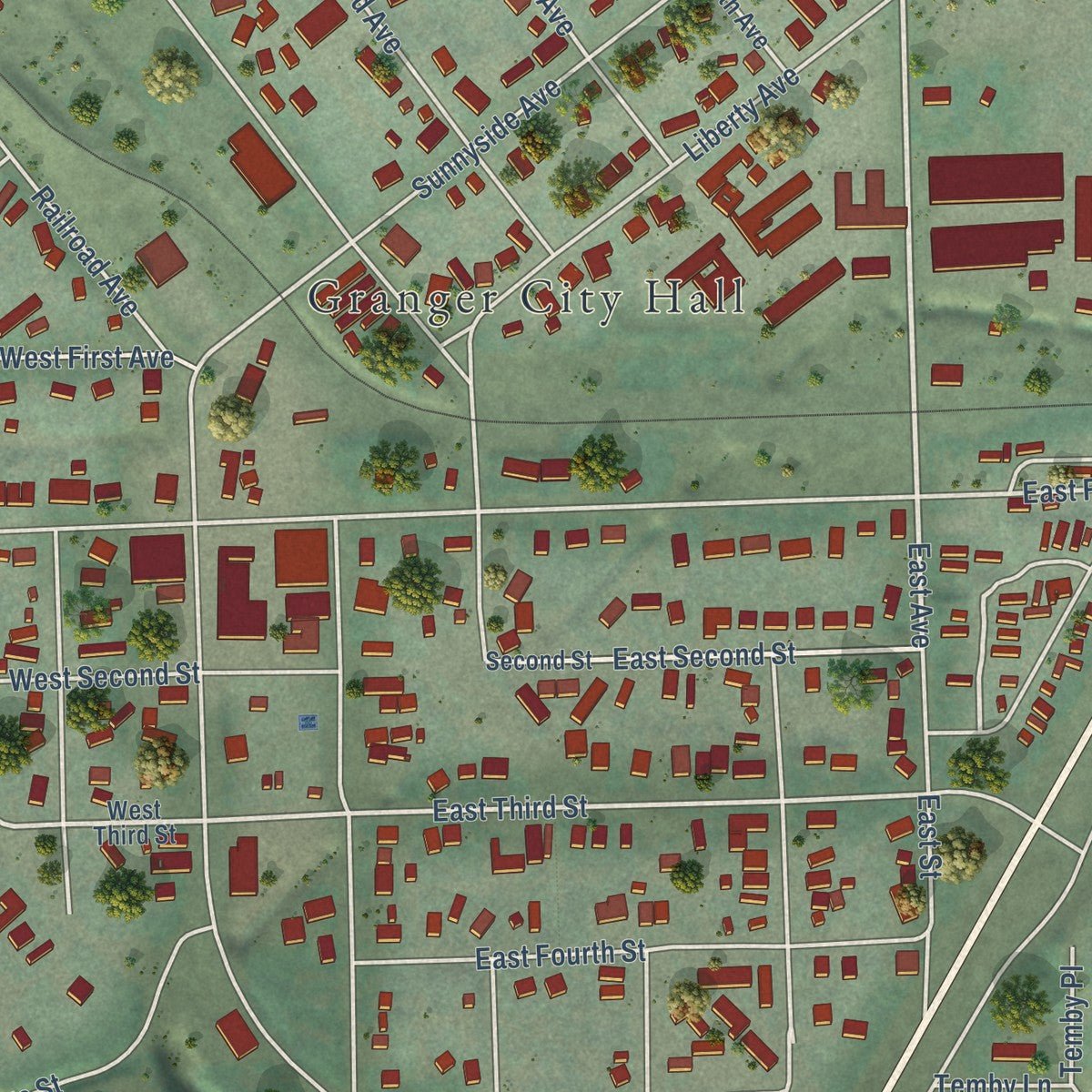 Close-up of the map of Granger, Washington print showing street and building detail