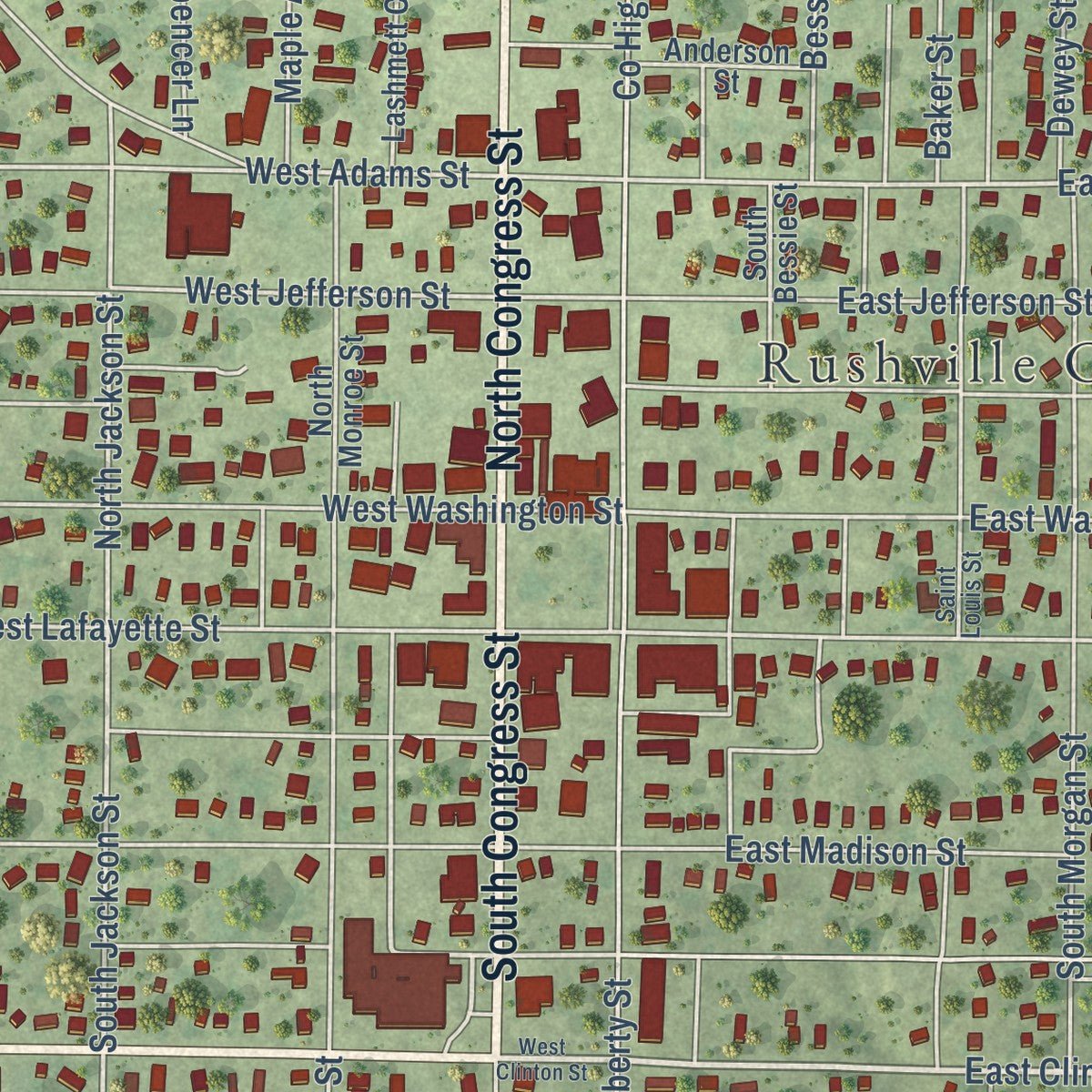 Close-up of the map of Rushville, Illinois print showing street and building detail