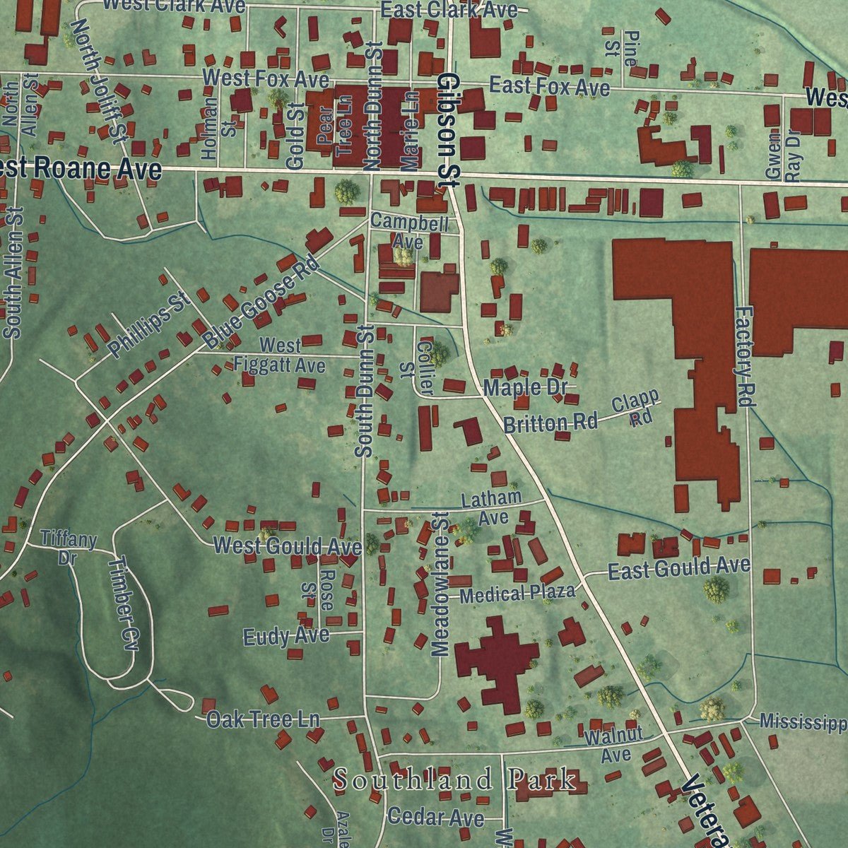 Close-up of the map of Eupora, Mississippi print showing street and building detail