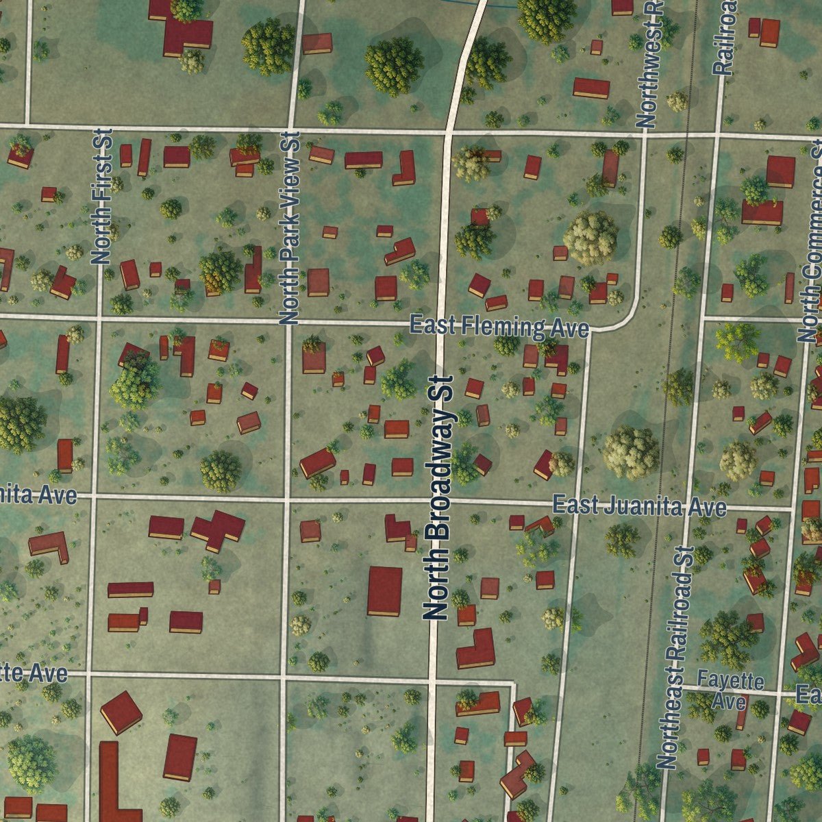 Close-up of the map of Mertzon, Texas print showing street and building detail