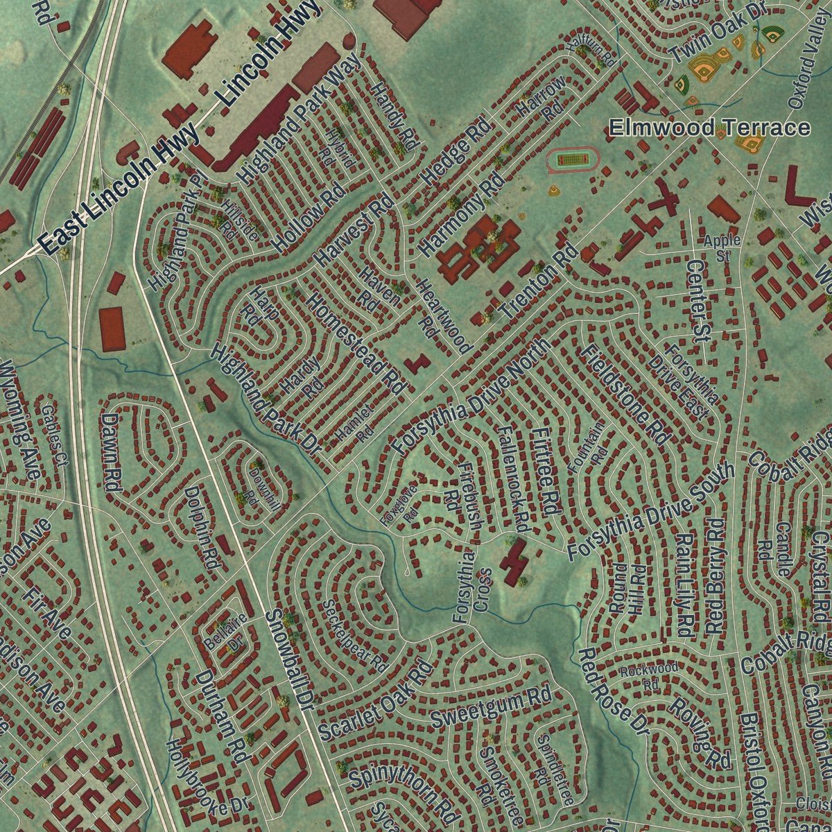 Close-up of the map of Middletown, Bucks County, Pennsylvania print showing street and building detail
