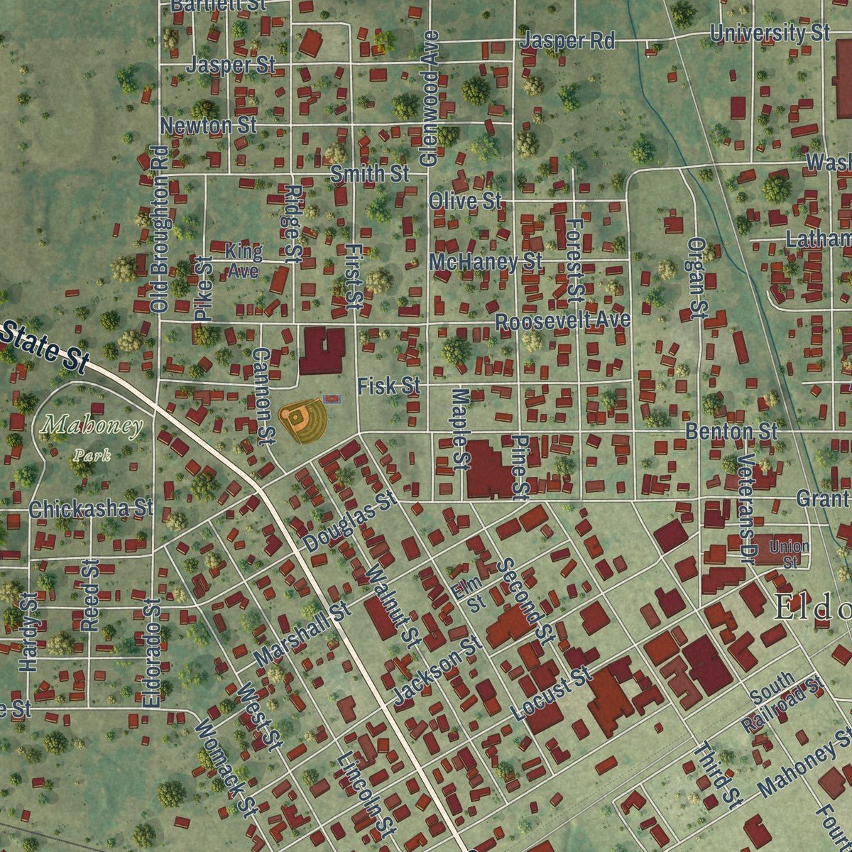 Close-up of the map of Eldorado, Illinois print showing street and building detail
