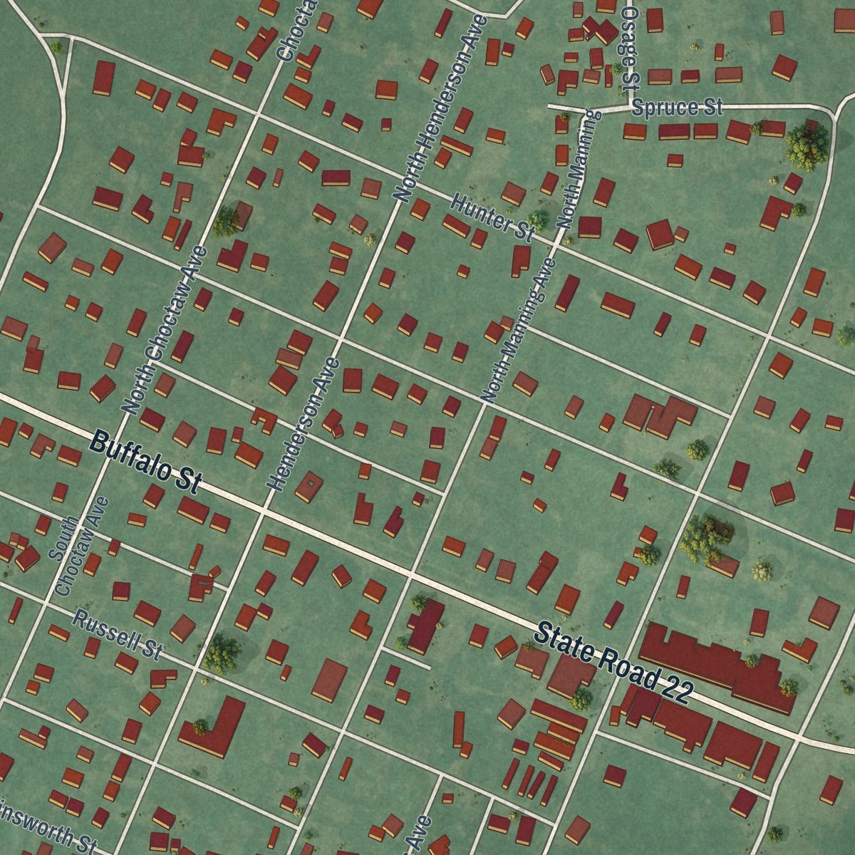 Close-up of the map of Caddo, Oklahoma print showing street and building detail