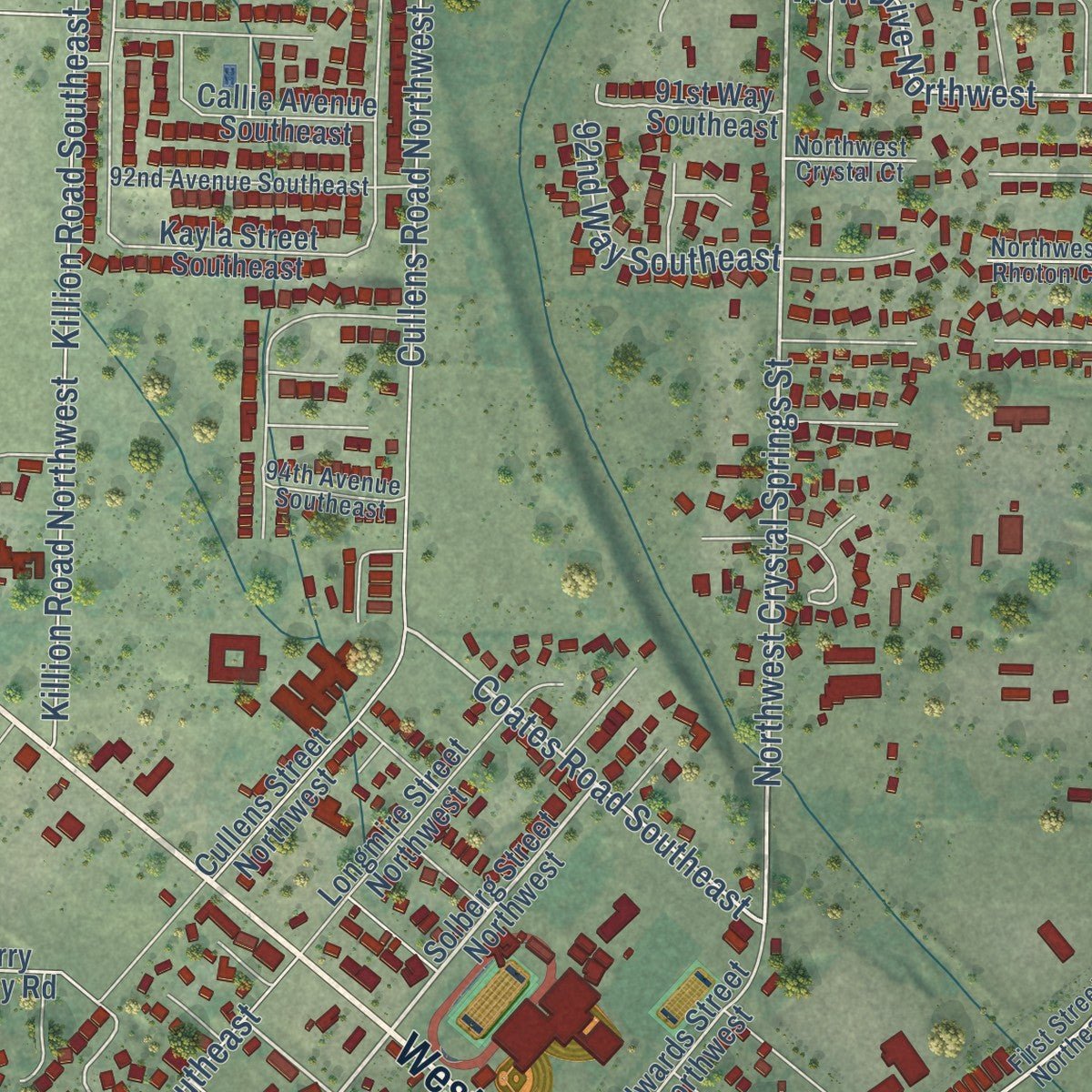 Close-up of the map of Yelm, Washington print showing street and building detail
