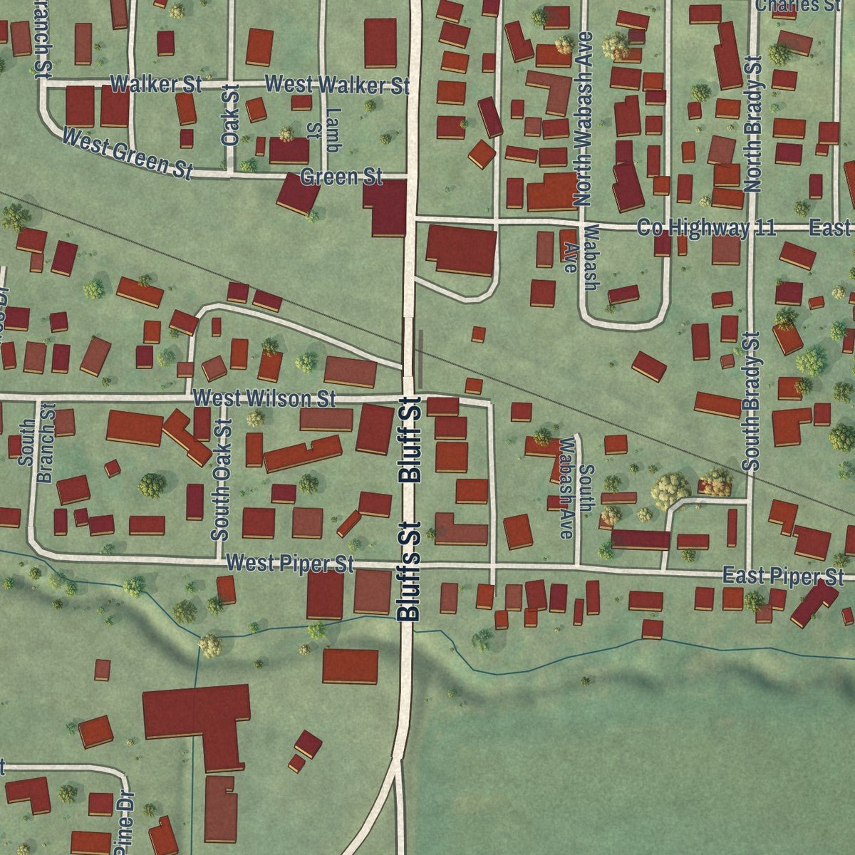 Close-up of the map of Bluffs, Illinois print showing street and building detail