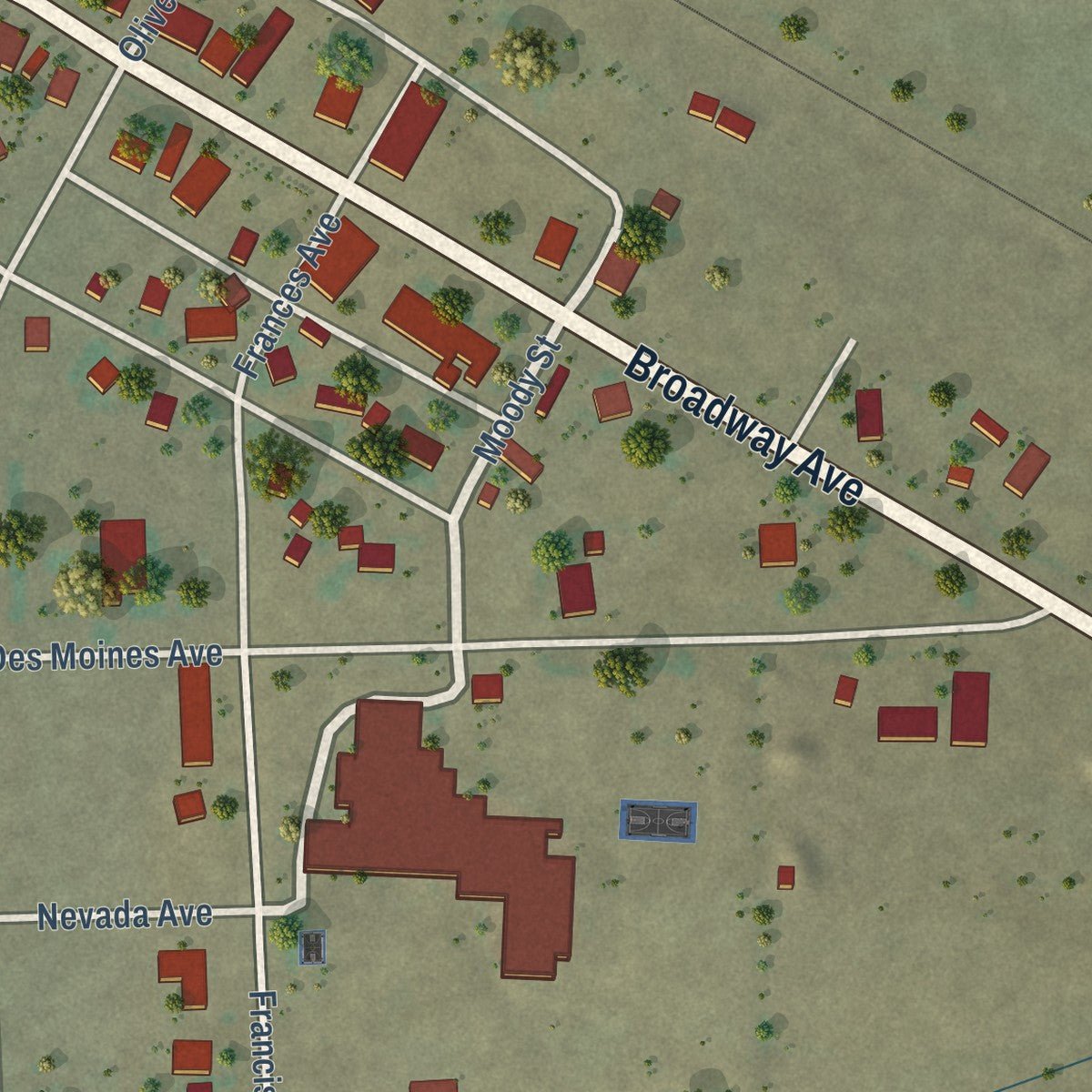 Close-up of the map of Des Moines, New Mexico print showing street and building detail