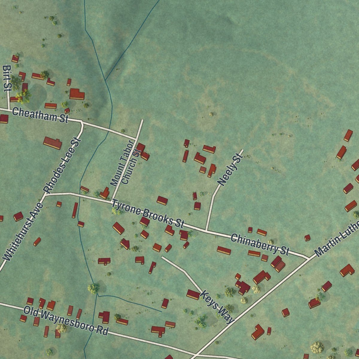 Close-up of the map of Keysville, Georgia print showing street and building detail