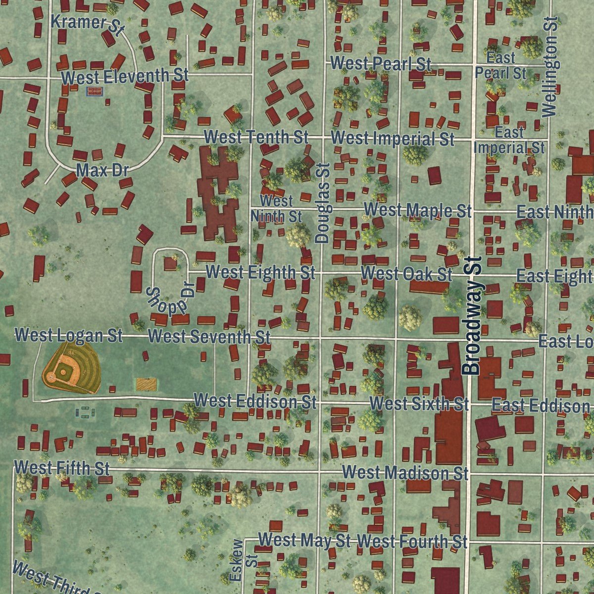 Close-up of the map of Imperial, Nebraska print showing street and building detail