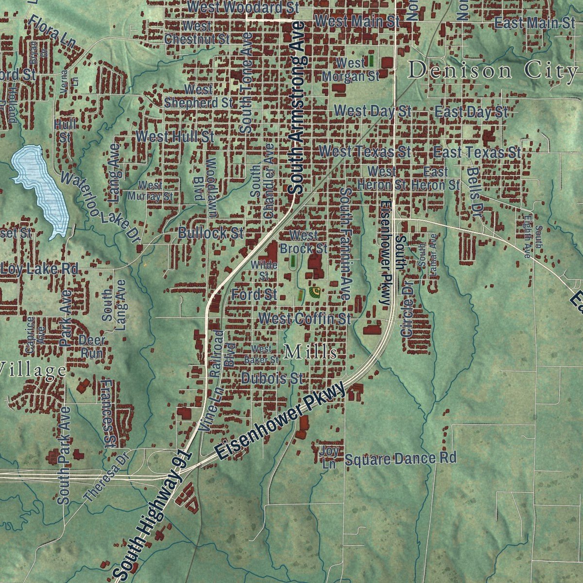 Close-up of the map of Denison, Texas print showing street and building detail