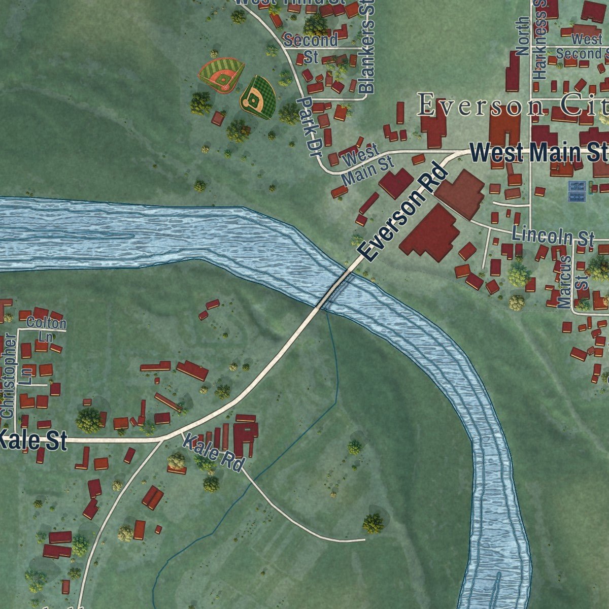 Close-up of the map of Everson, Washington print showing street and building detail