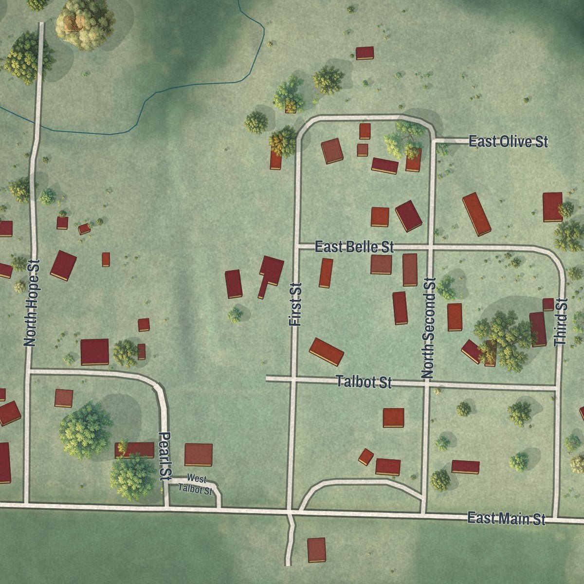 Close-up of the map of Arkoe, Missouri print showing street and building detail