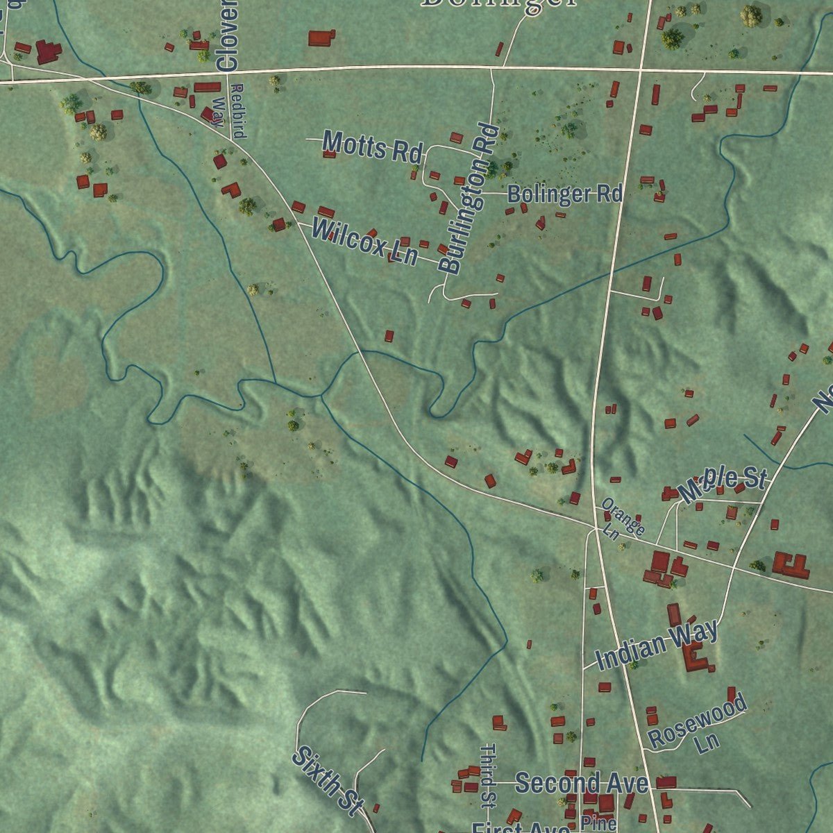 Close-up of the map of Silas, Alabama print showing street and building detail