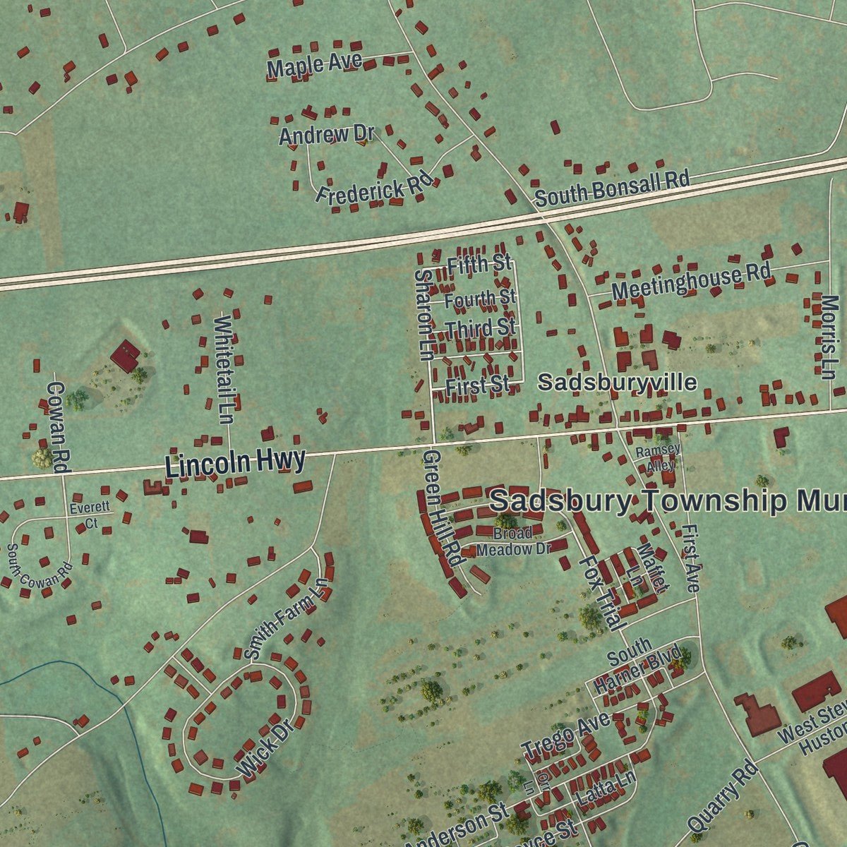 Close-up of the map of Sadsbury, Chester County, Pennsylvania print showing street and building detail