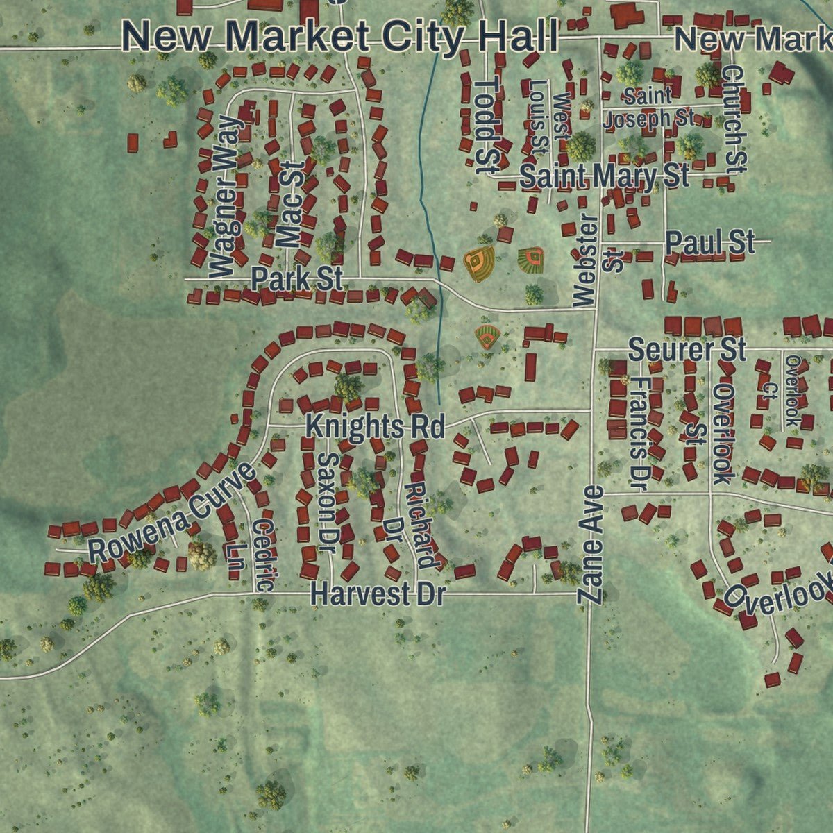 Close-up of the map of Elko New Market, Minnesota print showing street and building detail