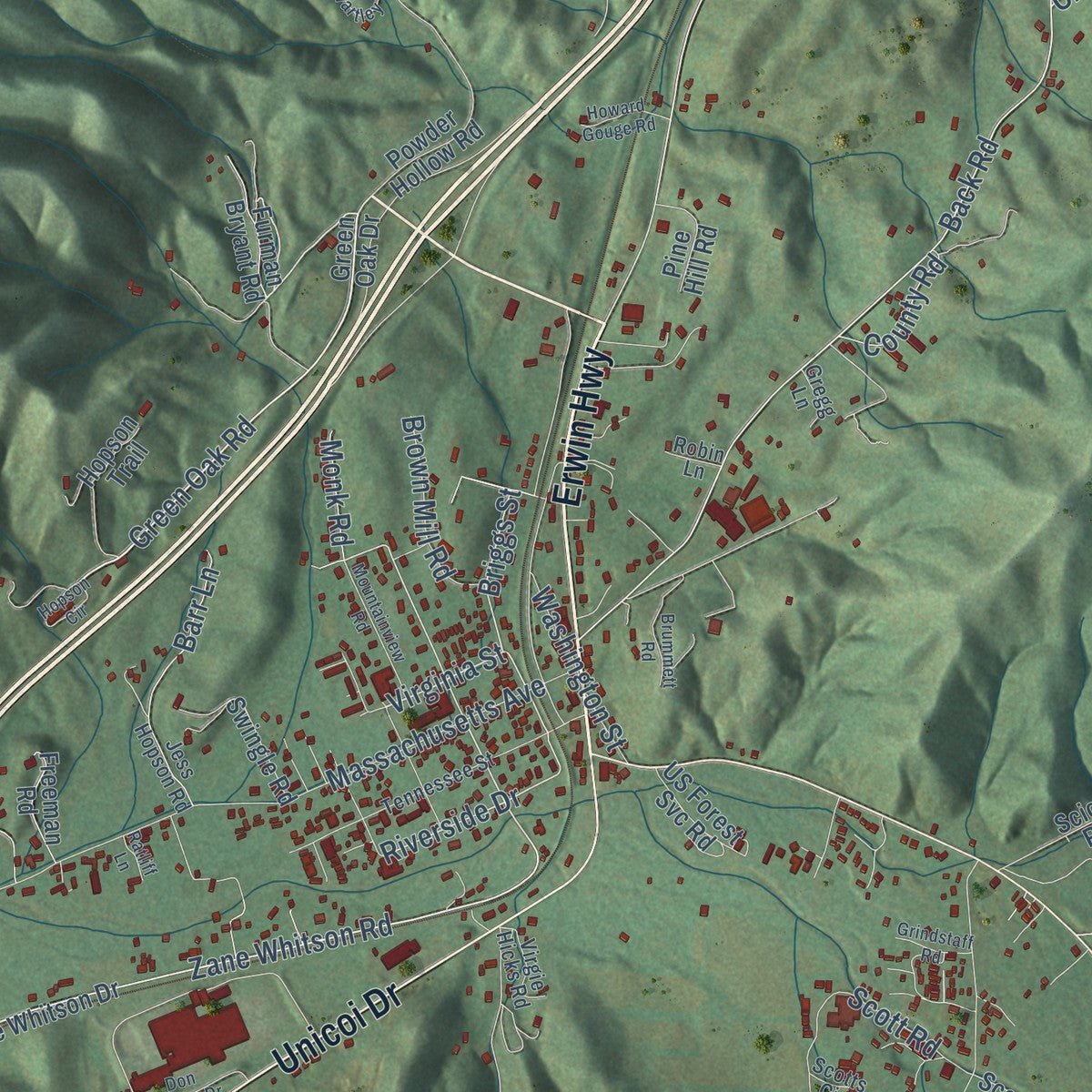 Close-up of the map of Unicoi, Tennessee print showing street and building detail
