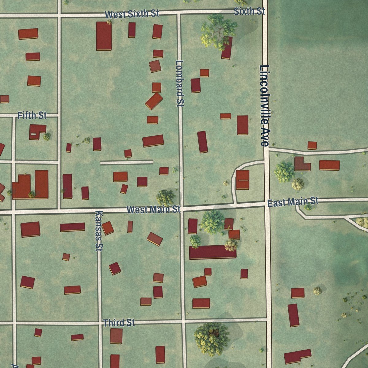 Close-up of the map of Lincolnville, Kansas print showing street and building detail