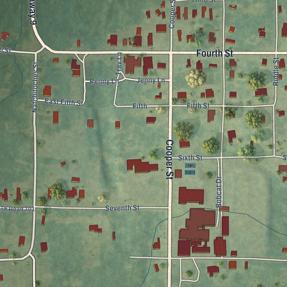 Close-up of the map of Saline, Louisiana print showing street and building detail