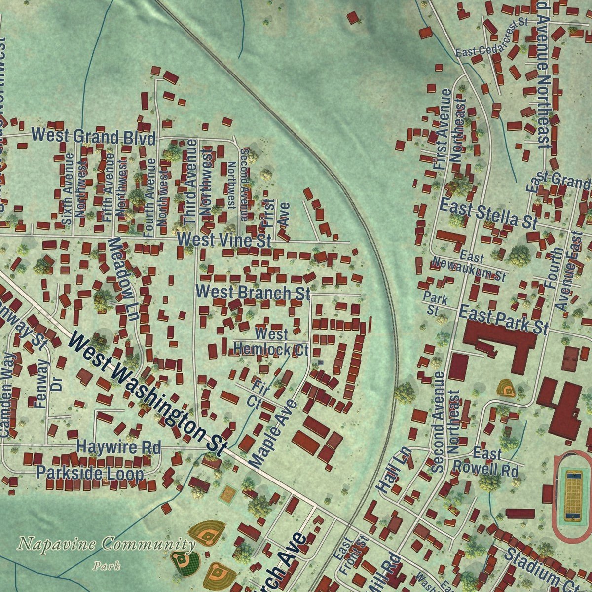Close-up of the map of Napavine, Washington print showing street and building detail