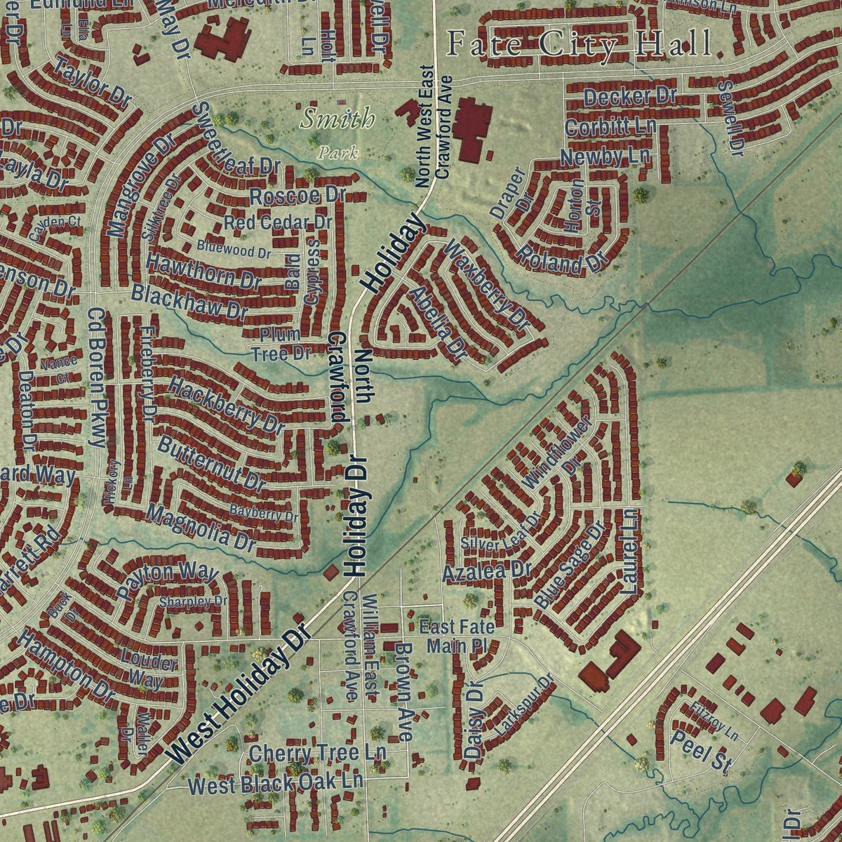 Close-up of the map of Fate, Texas print showing street and building detail