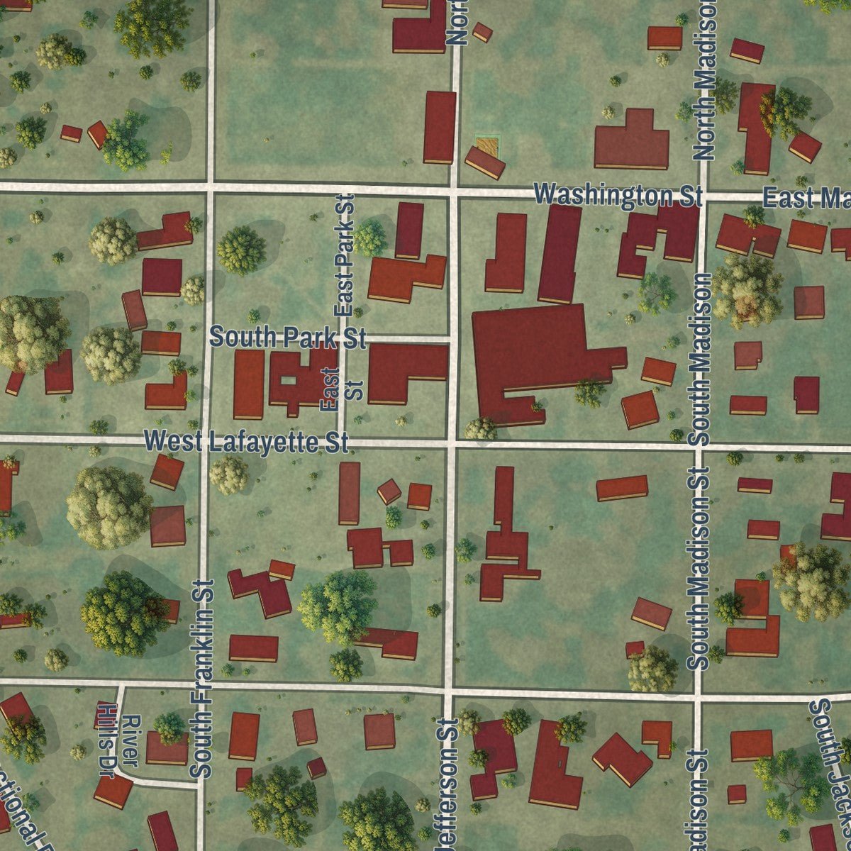 Close-up of the map of Clayton, Illinois print showing street and building detail