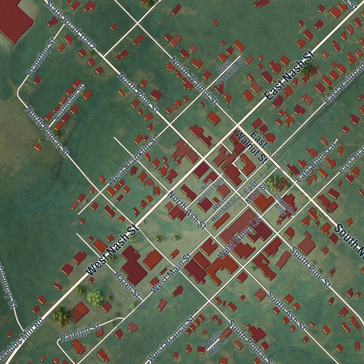 Close-up of the map of Spring Hope, North Carolina print showing street and building detail