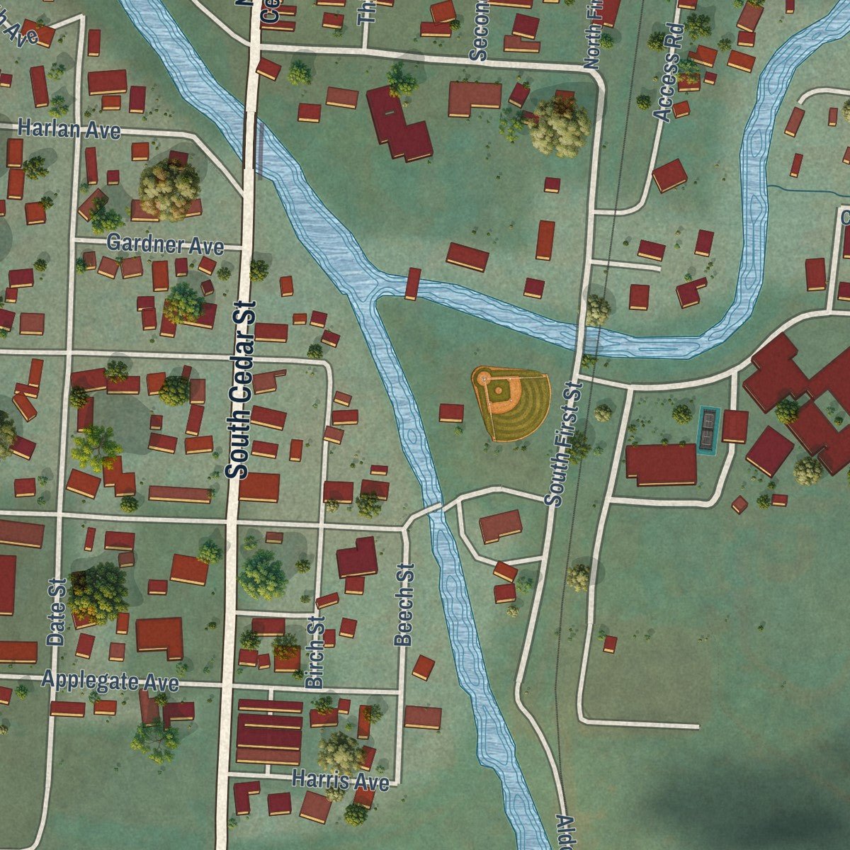 Close-up of the map of Drain, Oregon print showing street and building detail