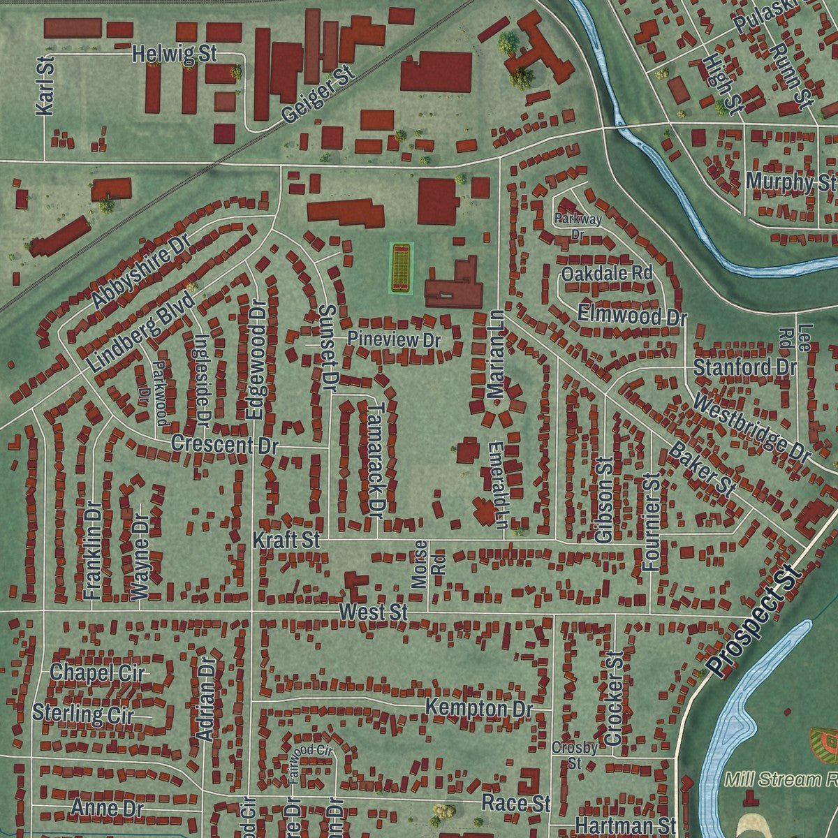 Close-up of the map of Berea, Ohio print showing street and building detail