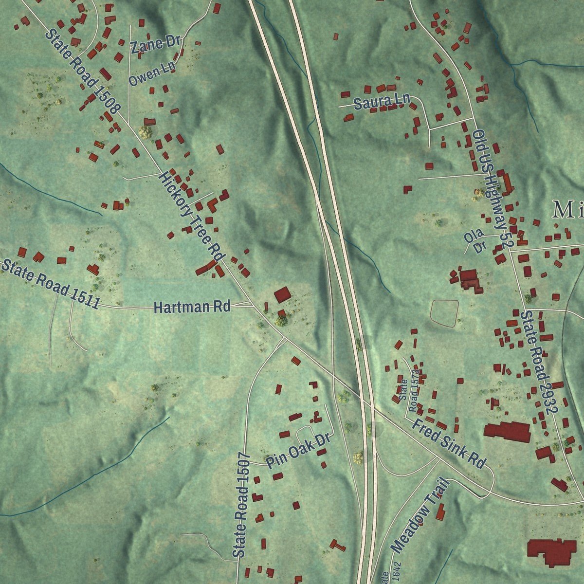 Close-up of the map of Midway, North Carolina print showing street and building detail