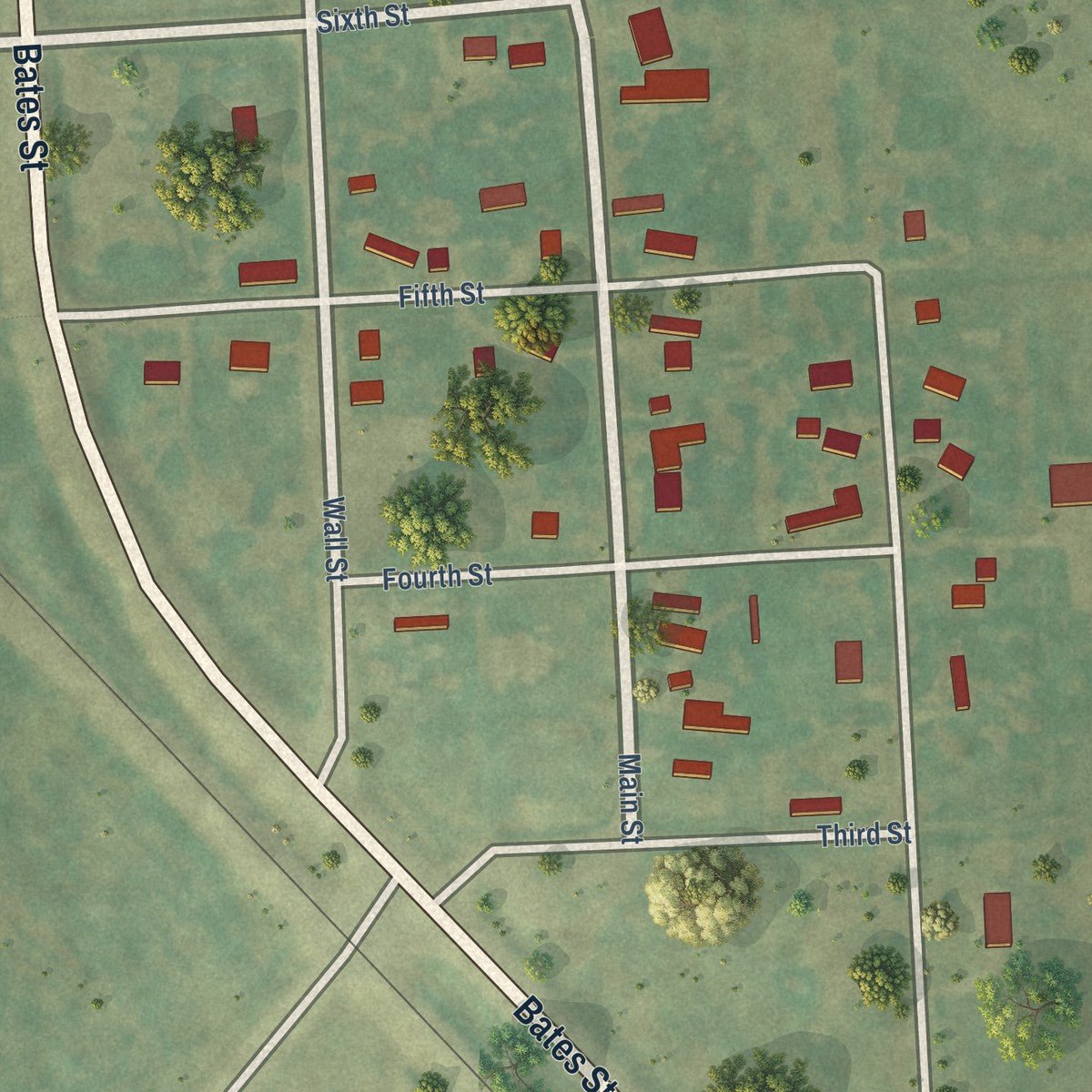 Close-up of the map of Ardoch, North Dakota print showing street and building detail
