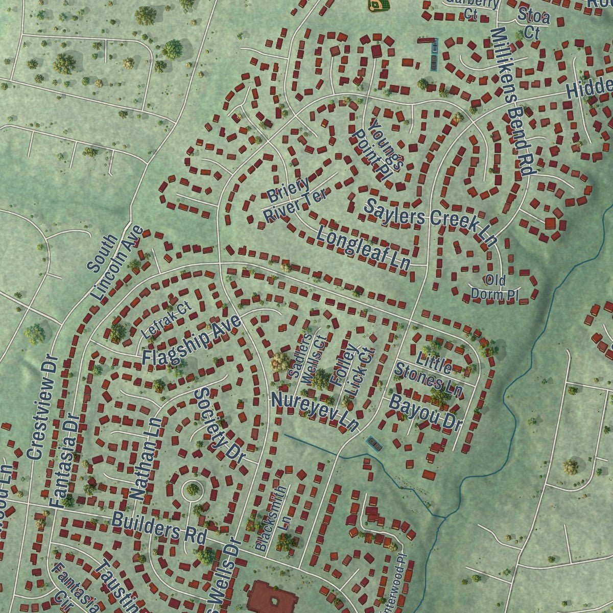 Close-up of the map of Dranesville, Virginia print showing street and building detail
