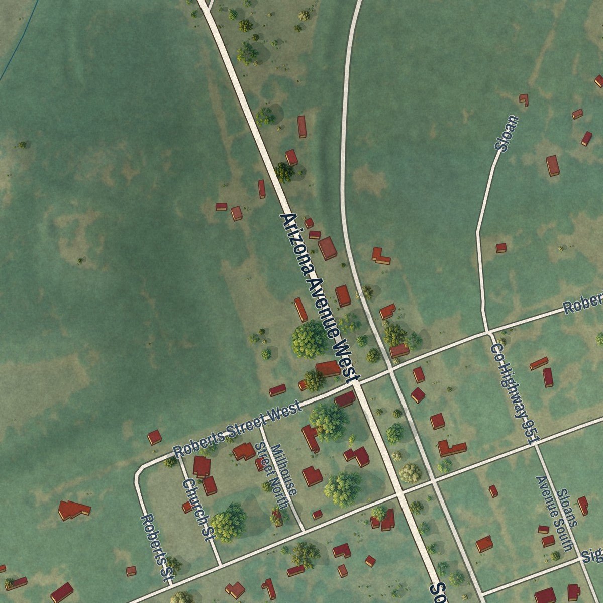 Close-up of the map of Perry, South Carolina print showing street and building detail