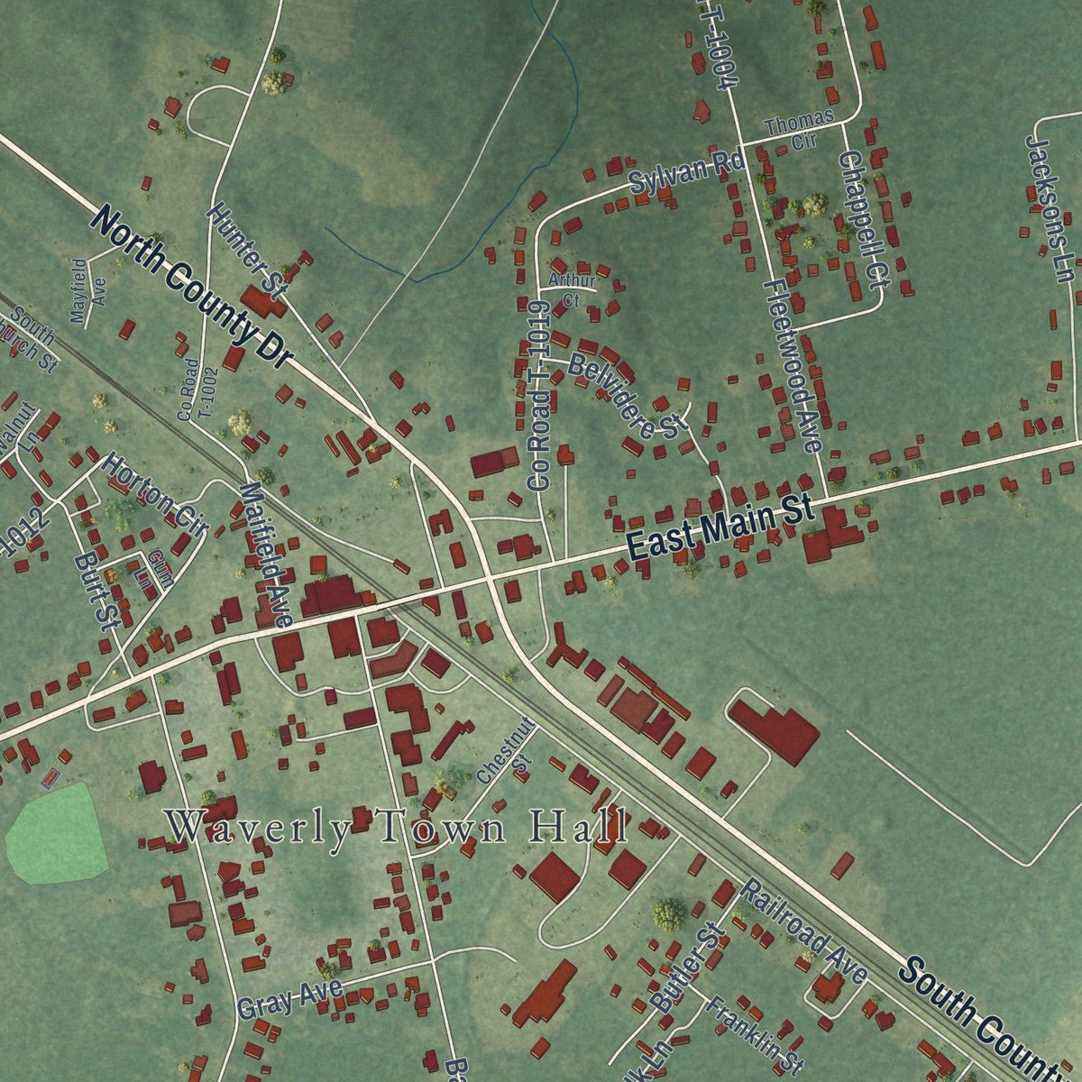 Close-up of the map of Waverly, Virginia print showing street and building detail
