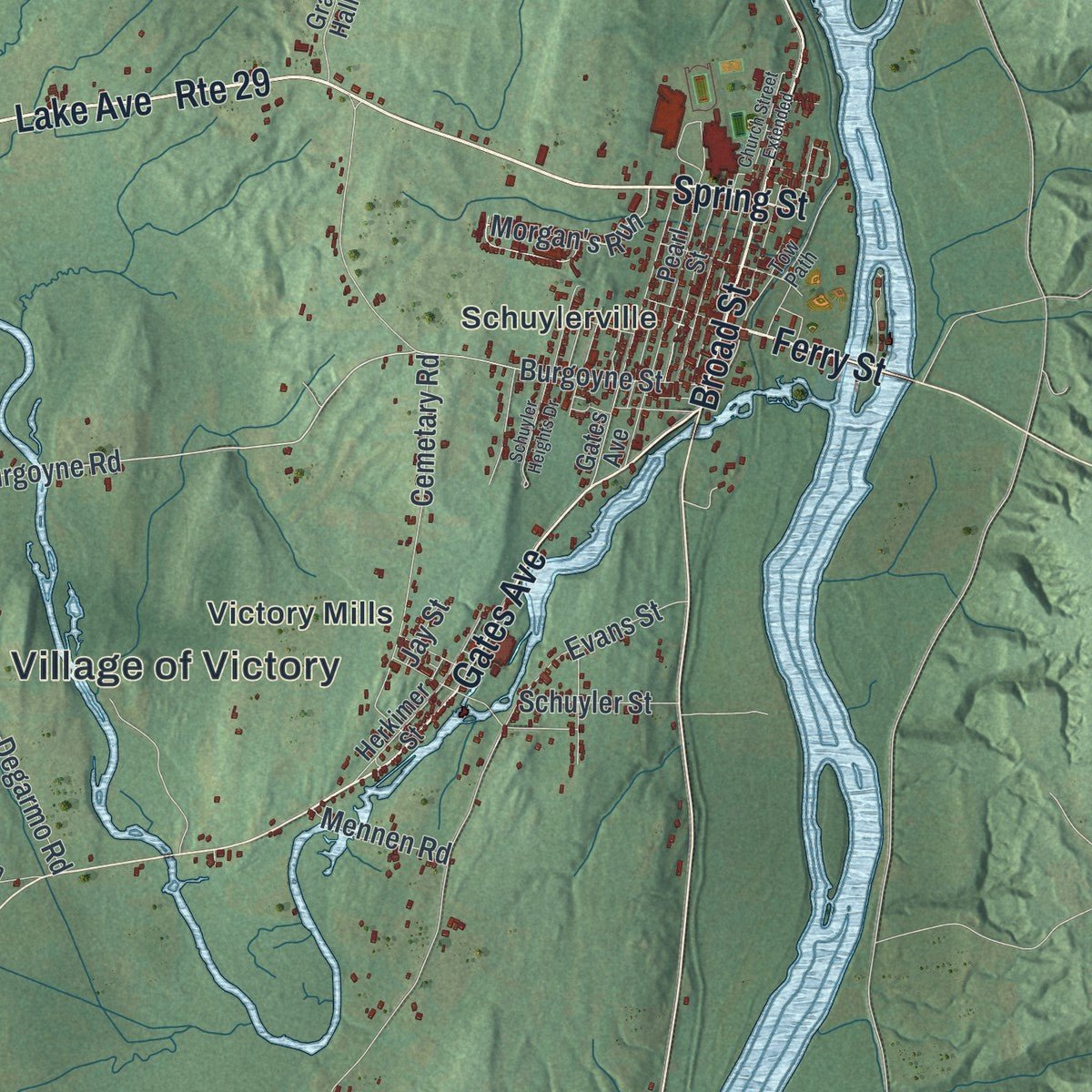Close-up of the map of Saratoga, New York print showing street and building detail