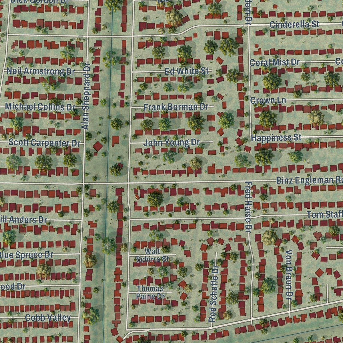 Close-up of the map of Kirby, Texas print showing street and building detail