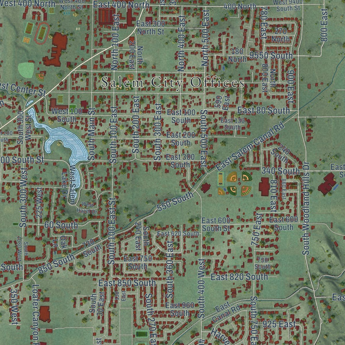 Close-up of the map of Salem, Utah print showing street and building detail